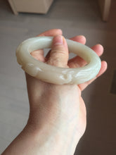 Load image into Gallery viewer, 59.6mm 100% natural beigh/pink/brown/gray Quartzite (Shetaicui jade) 3D carved Cat/kitten and lotus leaf bangle XY120