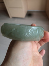 Load image into Gallery viewer, 60.8mm 100% natural dark green/gray carved fish and lotus(年年有余) Quartzite (Shetaicui jade) bangle SY61