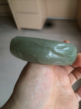Load image into Gallery viewer, 60.8mm 100% natural dark green/gray carved fish and lotus(年年有余) Quartzite (Shetaicui jade) bangle SY61