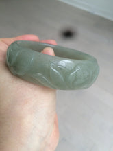 Load image into Gallery viewer, 60.8mm 100% natural dark green/gray carved fish and lotus(年年有余) Quartzite (Shetaicui jade) bangle SY61