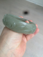 Load image into Gallery viewer, 60.8mm 100% natural dark green/gray carved fish and lotus(年年有余) Quartzite (Shetaicui jade) bangle SY61