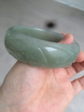 Load image into Gallery viewer, 60.8mm 100% natural dark green/gray carved fish and lotus(年年有余) Quartzite (Shetaicui jade) bangle SY61
