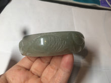 Load image into Gallery viewer, 60.8mm 100% natural dark green/gray carved fish and lotus(年年有余) Quartzite (Shetaicui jade) bangle SY61