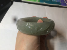 Load image into Gallery viewer, 60.8mm 100% natural dark green/gray carved fish and lotus(年年有余) Quartzite (Shetaicui jade) bangle SY61