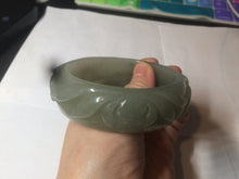 Load image into Gallery viewer, 60.8mm 100% natural dark green/gray carved fish and lotus(年年有余) Quartzite (Shetaicui jade) bangle SY61