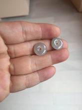 Load image into Gallery viewer, 12.8mm 100% Natural icy watery fine texture light green purple safe and sound donut button jadeite Jade dangling earring PB176