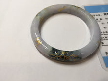 Load image into Gallery viewer, 58mm certified 100% Natural type A sunny green dark green purple carved branches and flowers and golden-painted Jadeite Jade bangle PH185-5926