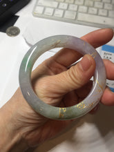 Load image into Gallery viewer, 53.3mm 100% Natural type A sunny green purple brown gray white carved flowers and golden-painted Jadeite Jade bangle BG231-5035