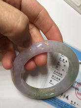 Load image into Gallery viewer, 53.3mm 100% Natural type A sunny green purple brown gray white carved flowers and golden-painted Jadeite Jade bangle BG231-5035