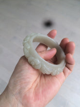 Load image into Gallery viewer, 53mm 100% natural light green/gray/pale pink Quartzite (Shetaicui jade) carved flowers bangle XY90