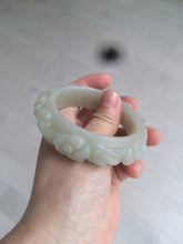 Load image into Gallery viewer, 53mm 100% natural light green/gray/pale pink Quartzite (Shetaicui jade) carved flowers bangle XY90