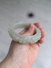 Load image into Gallery viewer, 53mm 100% natural light green/gray/pale pink Quartzite (Shetaicui jade) carved flowers bangle XY90