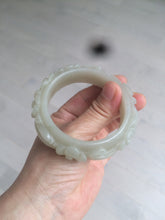 Load image into Gallery viewer, 53mm 100% natural light green/gray/pale pink Quartzite (Shetaicui jade) carved flowers bangle XY90