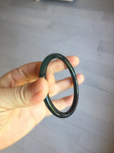 Load image into Gallery viewer, 58mm Type A 100% Natural half balck hakf ice watery dark green/blue/gray with flying snow Guatemala slim round cut Jadeite bangle PJ73-0684