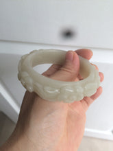 Load image into Gallery viewer, 53mm 100% natural light green/gray/pale pink Quartzite (Shetaicui jade) carved flowers bangle XY90