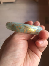 Load image into Gallery viewer, 52mm 100% Natural type A sunny green white carved flowers butterflies and golden-painted Jadeite Jade bangle PE36-(1766)