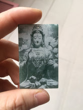 Load image into Gallery viewer, 100% natural blue gray white Guatemala jadeite jade Photo engraving Guanyin (观音) rectangle safe and sound pendant/worry stone/decor PA248