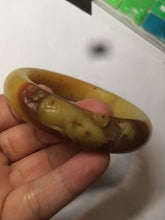 Load image into Gallery viewer, 56mm 100% Natural yellow/red/brown carved cat and flowers Xiu Jade (Serpentine) bangle XY60