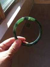 Load image into Gallery viewer, 60.5mm Certified 100% Natural Fresh Young Green/Dark Green/Black Green Ink Painting (绿水墨) Round Cut Nephrite (Wulanhai 乌兰海碧玉) Bangle HF132-7334