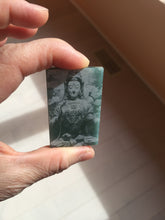 Load image into Gallery viewer, 100% natural blue gray white Guatemala jadeite jade Photo engraving Guanyin (观音) rectangle safe and sound pendant/worry stone/decor PA248