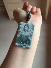 Load image into Gallery viewer, 100% natural blue gray white Guatemala jadeite jade Photo engraving Guanyin (观音) rectangle safe and sound pendant/worry stone/decor PA248