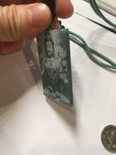 Load image into Gallery viewer, 100% natural blue gray white Guatemala jadeite jade Photo engraving Guanyin (观音) rectangle safe and sound pendant/worry stone/decor PA248