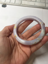 Load image into Gallery viewer, 55.8mm 100% Natural type A light green purple white carved plum blossom and golden-painted Jadeite Jade bangle PE35