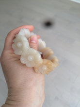 Load image into Gallery viewer, 56.7mm 100% natural light yellow/white Quartzite (Shetaicui jade) carved galsang flower(格桑花) bangle XY68