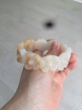 Load image into Gallery viewer, 56.7mm 100% natural light yellow/white Quartzite (Shetaicui jade) carved galsang flower(格桑花) bangle XY68