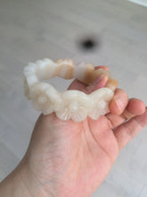 Load image into Gallery viewer, 56.7mm 100% natural light yellow/white Quartzite (Shetaicui jade) carved galsang flower(格桑花) bangle XY68
