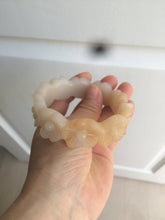 Load image into Gallery viewer, 56.7mm 100% natural light yellow/white Quartzite (Shetaicui jade) carved galsang flower(格桑花) bangle XY68