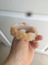 Load image into Gallery viewer, 56.7mm 100% natural light yellow/white Quartzite (Shetaicui jade) carved galsang flower(格桑花) bangle XY68