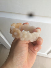 Load image into Gallery viewer, 56.7mm 100% natural light yellow/white Quartzite (Shetaicui jade) carved galsang flower(格桑花) bangle XY68