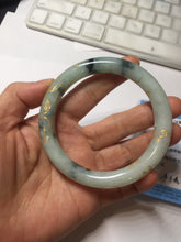 Load image into Gallery viewer, 58mm certified 100% natural type A green with green floating flowers carved flowers golden-painted round cut jadeite bangle PH149-5865