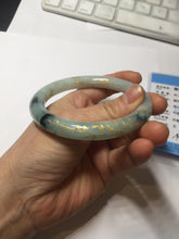 Load image into Gallery viewer, 58mm certified 100% natural type A green with green floating flowers carved flowers golden-painted round cut jadeite bangle PH149-5865