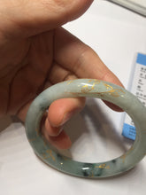 Load image into Gallery viewer, 58mm certified 100% natural type A green with green floating flowers carved flowers golden-painted round cut jadeite bangle PH149-5865