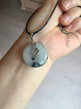 Load image into Gallery viewer, 24-25mm 100% Natural icy watery green/white with dark green floating flowers jadeite Jade Safety Guardian Button(donut) Pendant/worry stone group H153