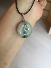 Load image into Gallery viewer, 24-25mm 100% Natural icy watery green/white with dark green floating flowers jadeite Jade Safety Guardian Button(donut) Pendant/worry stone group H153