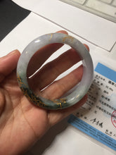 Load image into Gallery viewer, 53.6mm 100% Natural type A dark green purple white carved plum bossom and golden-painted Jadeite Jade bangle PD91-0269
