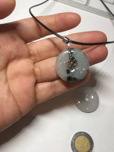 Load image into Gallery viewer, 24-25mm 100% Natural icy watery green/white with dark green floating flowers jadeite Jade Safety Guardian Button(donut) Pendant/worry stone group H153