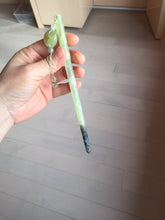 Load image into Gallery viewer, 17.5 cm 100% Natural Light Green & Black Bamboo-Style Xiu Jade (Serpentine) Hairpin with Safety Donut Hanging Ornament AW40