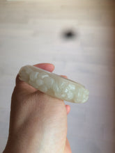 Load image into Gallery viewer, 53mm 100% natural light green/gray/pale pink Quartzite (Shetaicui jade) carved flowers bangle XY90