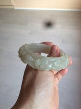 Load image into Gallery viewer, 53mm 100% natural light green/gray/pale pink Quartzite (Shetaicui jade) carved flowers bangle XY90