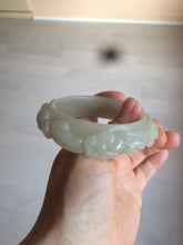 Load image into Gallery viewer, 53mm 100% natural light green/gray/pale pink Quartzite (Shetaicui jade) carved flowers bangle XY90