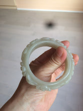 Load image into Gallery viewer, 53mm 100% natural light green/gray/pale pink Quartzite (Shetaicui jade) carved flowers bangle XY90