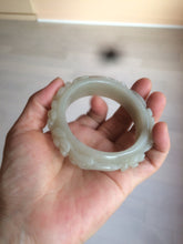 Load image into Gallery viewer, 53mm 100% natural light green/gray/pale pink Quartzite (Shetaicui jade) carved flowers bangle XY90