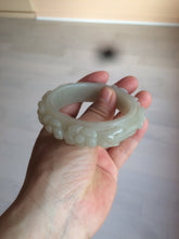 Load image into Gallery viewer, 53mm 100% natural light green/gray/pale pink Quartzite (Shetaicui jade) carved flowers bangle XY90