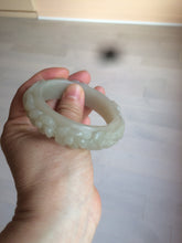 Load image into Gallery viewer, 53mm 100% natural light green/gray/pale pink Quartzite (Shetaicui jade) carved flowers bangle XY90