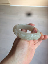 Load image into Gallery viewer, 53mm 100% natural light green/gray/pale pink Quartzite (Shetaicui jade) carved flowers bangle XY90