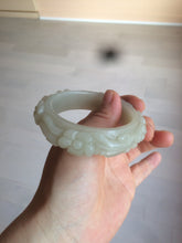 Load image into Gallery viewer, 53mm 100% natural light green/gray/pale pink Quartzite (Shetaicui jade) carved flowers bangle XY90
